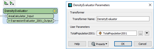 The DensityEvaluator Parameters dialog, including a new attribute
